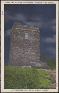 Night time scene of observatory and grave of Dr. Mitchell