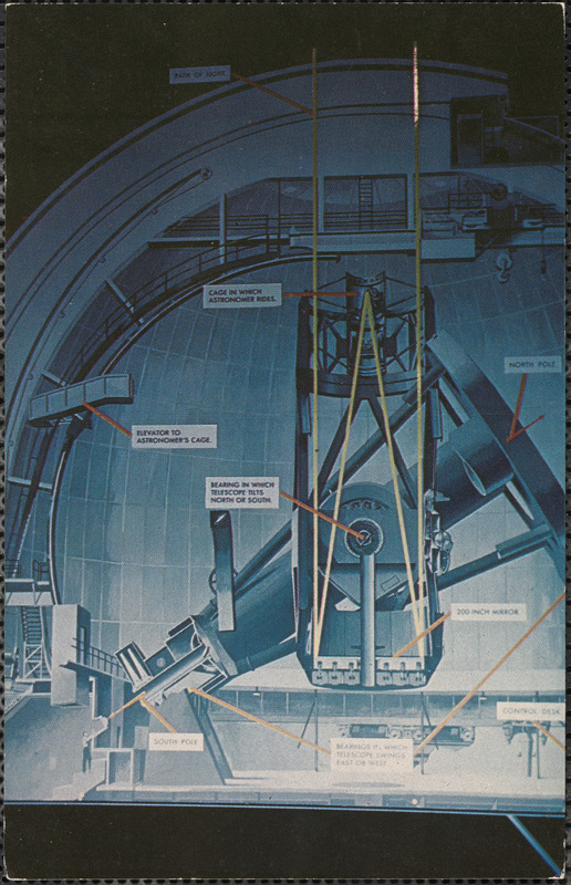 Interior view of Palomar Mountain Observatory, showing details of world's largest telescope