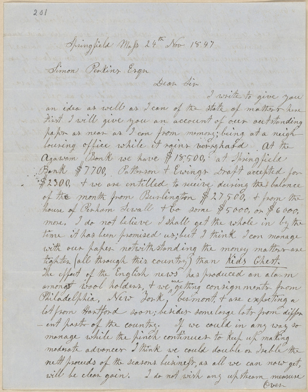 John Brown autograph letter signed to Simon Perkins, Springfield, Mass., 24 November 1847
