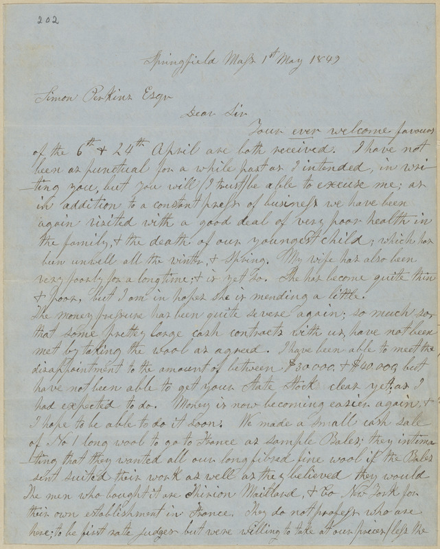 John Brown autograph letter signed to Simon Perkins, Springfield, Mass., 1 May 1849