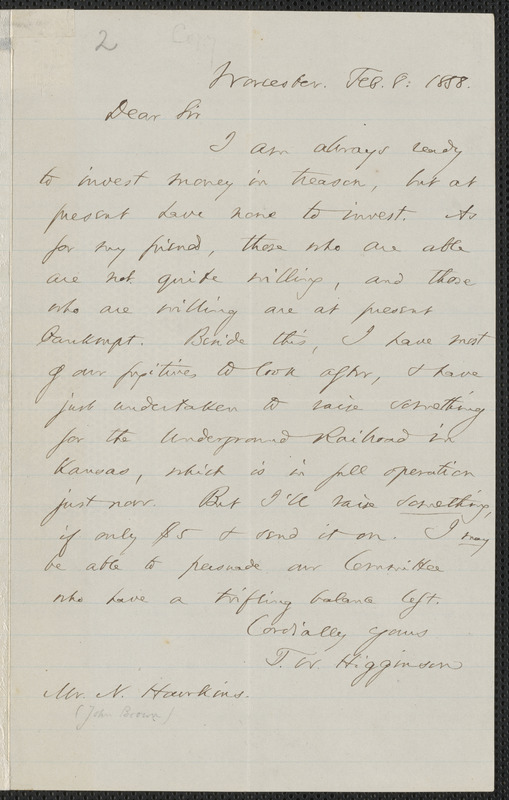 Thomas Wentworth Higginson autograph letter signed to [John Brown], Worcester, 8 February 1858