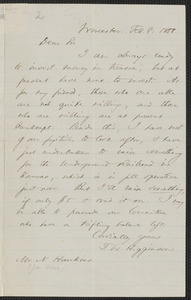 Thomas Wentworth Higginson autograph letter signed to [John Brown], Worcester, 8 February 1858