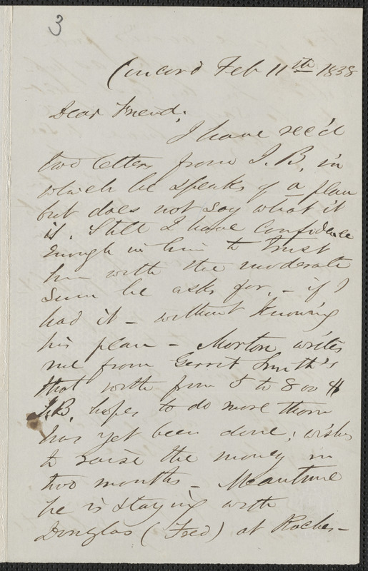 F. B. Sanborn autograph letter signed to [Thomas Wentworth Higginson], Concord, 11 February 1858