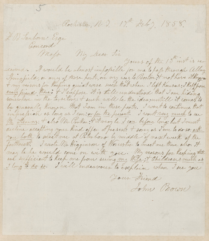 John Brown autograph letter signed to Franklin Benjamin Sanborn, Rochester, N.Y., 17 February 1858
