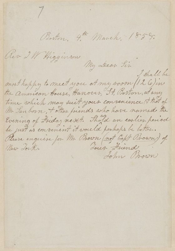 John Brown autograph note signed to Thomas Wentworth Higginson, Boston, 4 March 1858