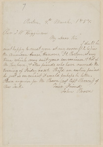 John Brown autograph note signed to Thomas Wentworth Higginson, Boston, 4 March 1858