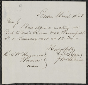 William J. Bride autograph note signed to Thomas Wentworth Higginson, Boston, 18 March 1858