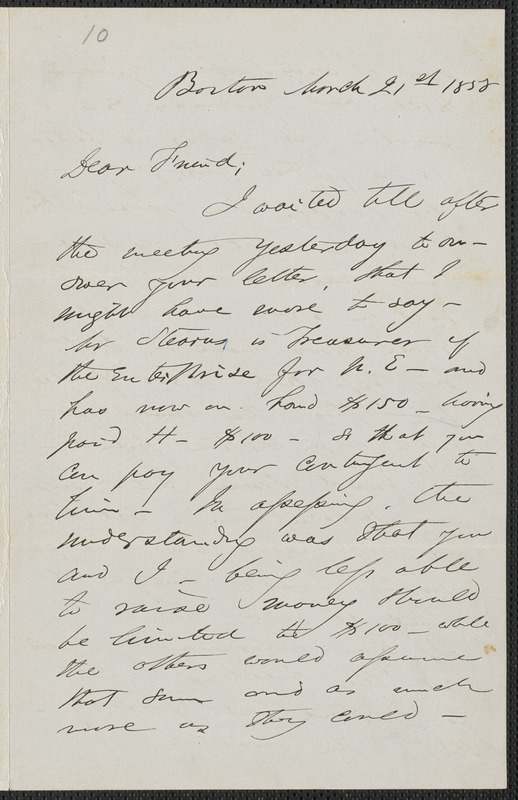 F. B. Sanborn autograph letter signed to [Thomas Wentworth Higginson], Boston, 21 March 1858