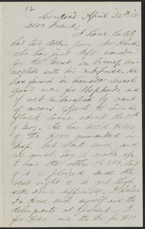 F. B. Sanborn autograph letter signed to [Thomas Wentworth Higginson], Concord, 20 April 1858
