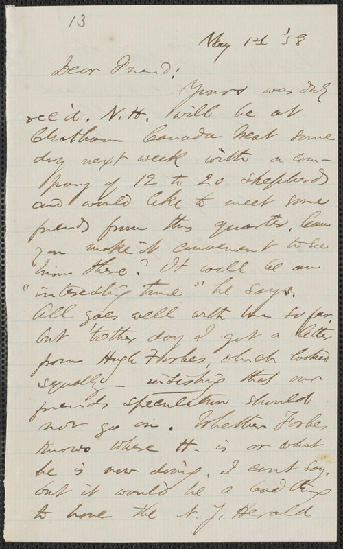 F. B. Sanborn autograph letter signed to [Thomas Wentworth Higginson], 1 May [18]58