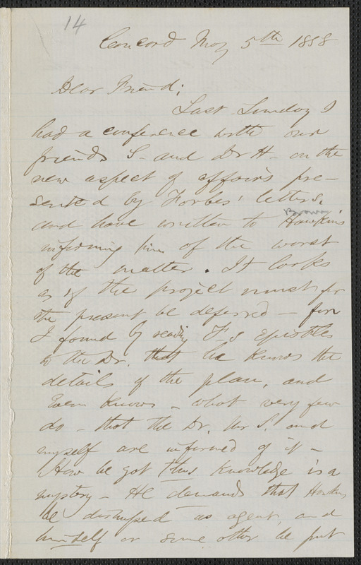 F. B. Sanborn autograph letter signed to [Thomas Wentworth Higginson], Concord, 5 May 1858