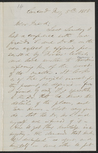 F. B. Sanborn autograph letter signed to [Thomas Wentworth Higginson], Concord, 5 May 1858