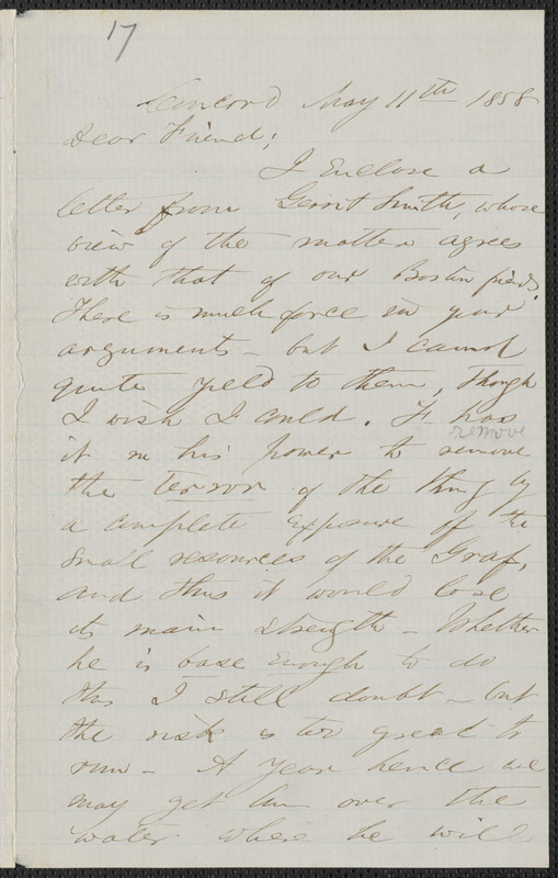 F. B. Sanborn autograph letter signed to [Thomas Wentworth Higginson], Concord, 11 May 1858