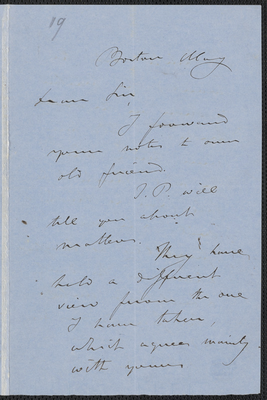 S. G. Howe autograph letter signed to [Thomas Wentworth Higginson], Boston, May [1858]