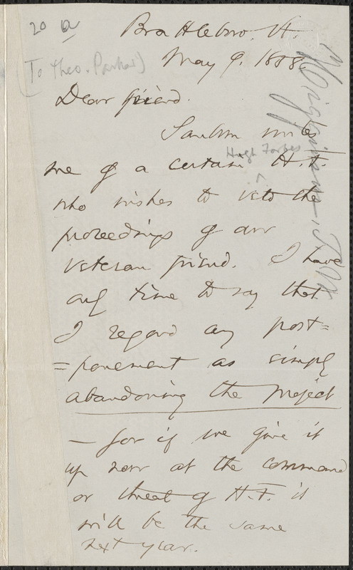 Thomas Wentworth Higginson autograph letter signed to [Theodore Parker], Brattleboro, Vt., 9 May 1858