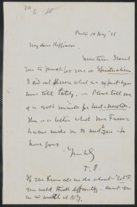 Theodore Parker autograph note signed to Thomas Wentworth Higginson, Boston, 10 May [18]58
