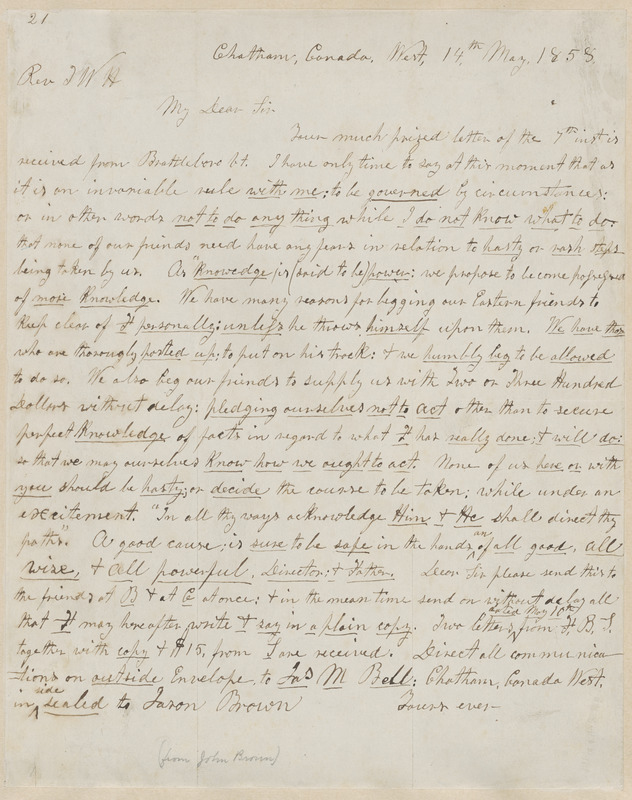 John Brown autograph letter to Thomas Wentworth Higginson, Chatham, Canada West., 14 May 1858