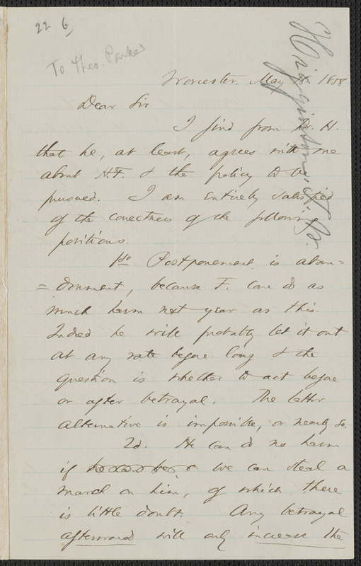 Thomas Wentworth Higginson autograph letter signed to [Theodore Parker, Worcester], 18 May 1858