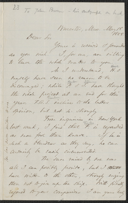 Thomas Wentworth Higginson autograph letter to [John Brown], Worcester, 18 May 1858