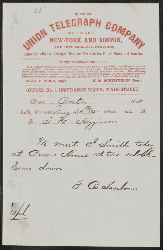 F. B. Sanborn telegram to Thomas Wentworth Higginson, [Boston], 24 May 1858