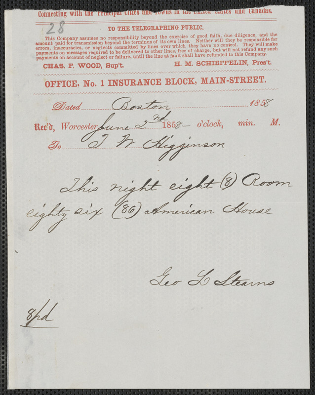 Geo. L. Stearns telegram to Thomas Wentworth Higginson, Boston, 2 June 1858