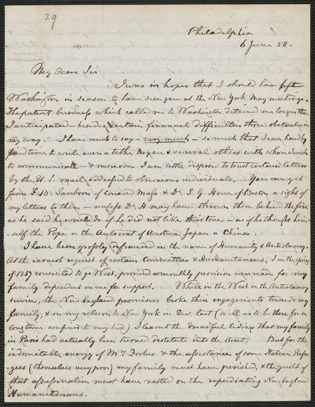 Hugh Forbes autograph letter signed to Thomas Wentworth Higginson, Philadelphia, 6 June [18]58