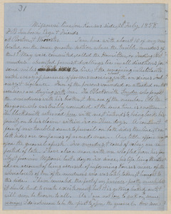 John Brown autograph letter signed to Franklin Benjamin Sanborn, Missouri Line, 20 & 30 July, 6 August 1858