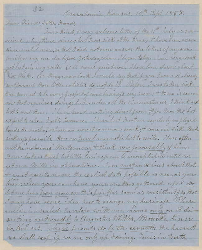 John Brown autograph letter to "Dear Friend and Other Friends", Osawatomie, Kansas, 10 & 13 September 1858