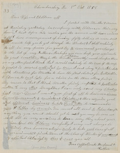 John Brown autograph letter signed to "Dear Wife and Children All", Chambersburg, PA, 1 October 1859