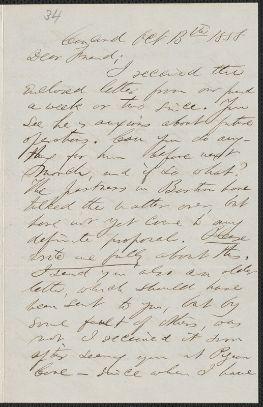 F. B. Sanborn autograph letter signed to [Thomas Wentworth Higginson], Concord, 13 October 1858