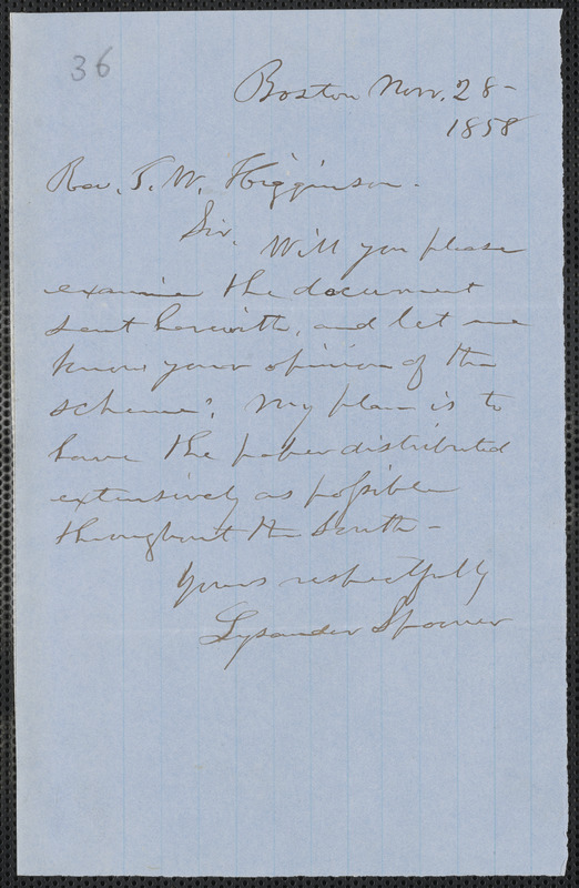 Lysander Spooner autograph letter signed to Thomas Wentworth Higginson, Boston, 28 November 1858