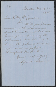 Lysander Spooner autograph letter signed to Thomas Wentworth Higginson, Boston, 28 November 1858