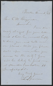Lysander Spooner autograph letter signed to Thomas Wentworth Higginson, Boston, 2 December [18]58