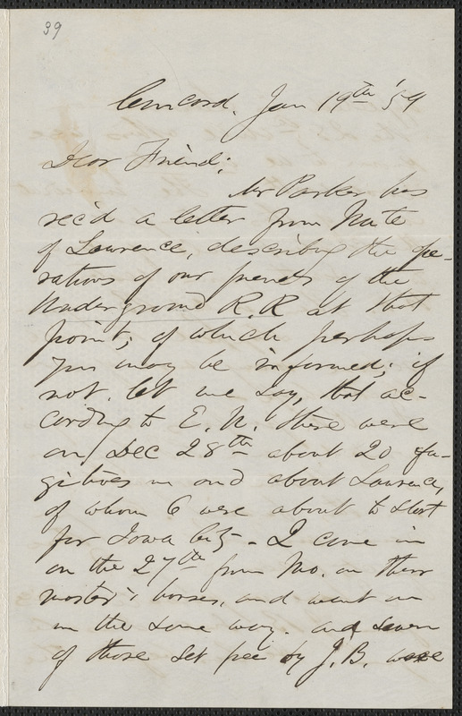 F. B. Sanborn autograph letter signed to [Thomas Wentworth Higginson], Concord, 19 January [18]59