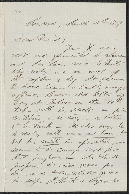 F. B. Sanborn autograph letter signed to [Thomas Wentworth Higginson], Concord, 4 March 1859
