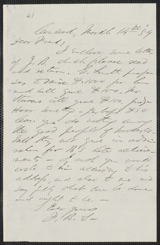 F. B. Sanborn autograph letter signed to [Thomas Wentworth Higginson], Concord, 14 March [18]59