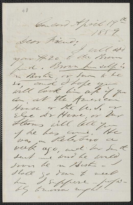 F. B. Sanborn autograph letter signed to [Thomas Wentworth Higginson], Concord, 19 April 1859