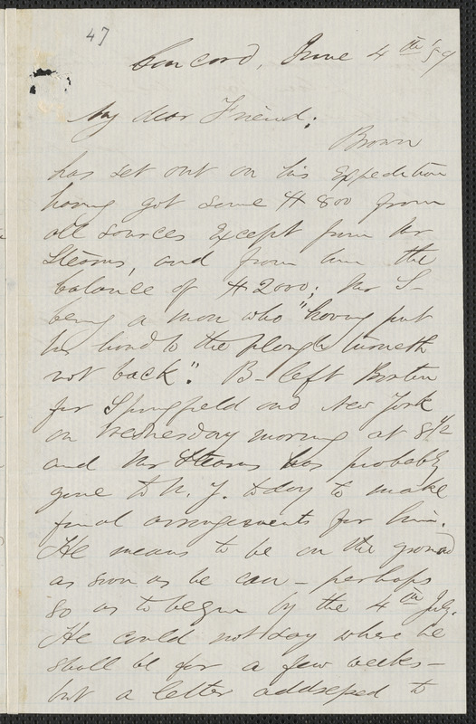 F. B. Sanborn autograph letter signed to [Thomas Wentworth Higginson], Concord, 4 June [18]59