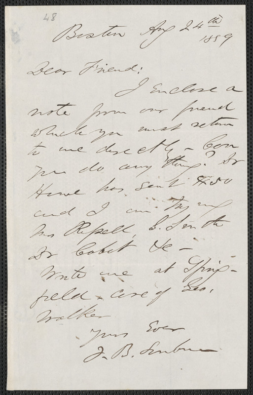 F. B. Sanborn autograph letter signed to [Thomas Wentworth Higginson], Boston, 24 August 1859