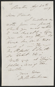 F. B. Sanborn autograph letter signed to [Thomas Wentworth Higginson], Boston, 24 August 1859