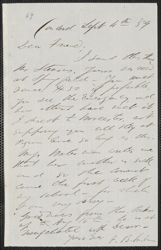 F. B. Sanborn autograph letter signed to [Thomas Wentworth Higginson], Concord, 4 September [18]59