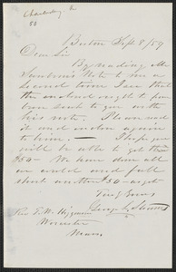Geo. L. Stearns autograph letter signed to Thomas Wentworth Higginson, Boston, 8 September [18]59