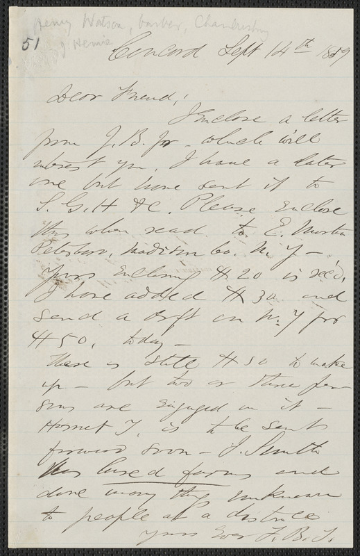F. B. Sanborn autograph letter signed to [Thomas Wentworth Higginson], Concord, 14 September 1859