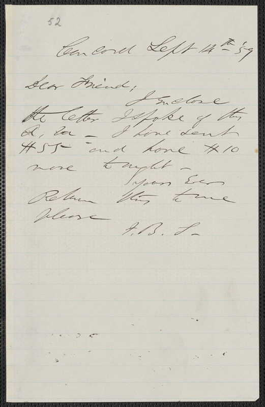 F. B. Sanborn autograph note signed to [Thomas Wentworth Higginson], Concord, 14 September [18]59