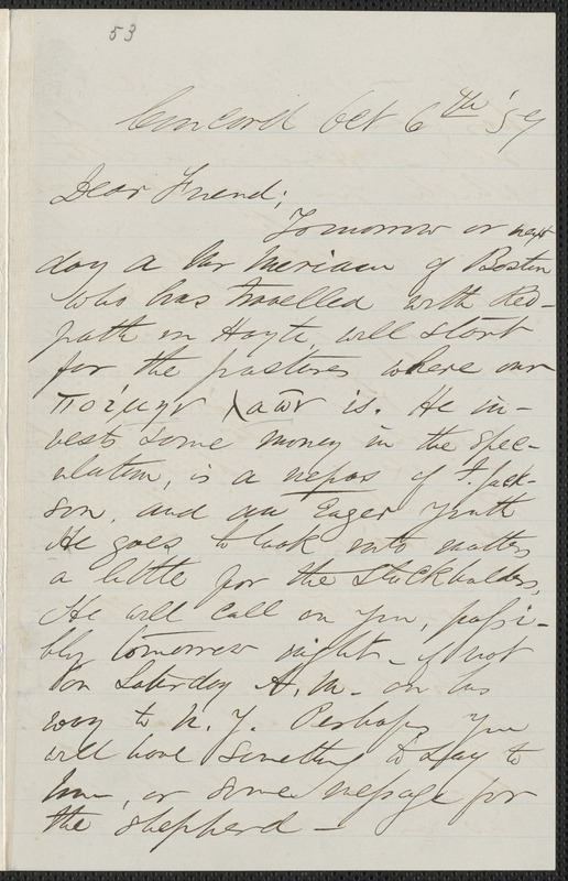F. B. Sanborn autograph letter signed to [Thomas Wentworth Higginson], Concord, 6 October [18]59