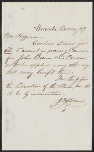 John H. Crane autograph note signed to Thomas Wentworth Higginson, Worcester, 24 October [18]59