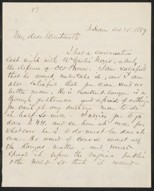 Charles W. Elliott autograph letter signed to Thomas Wentworth Higginson, New Haven, 25 October 1859