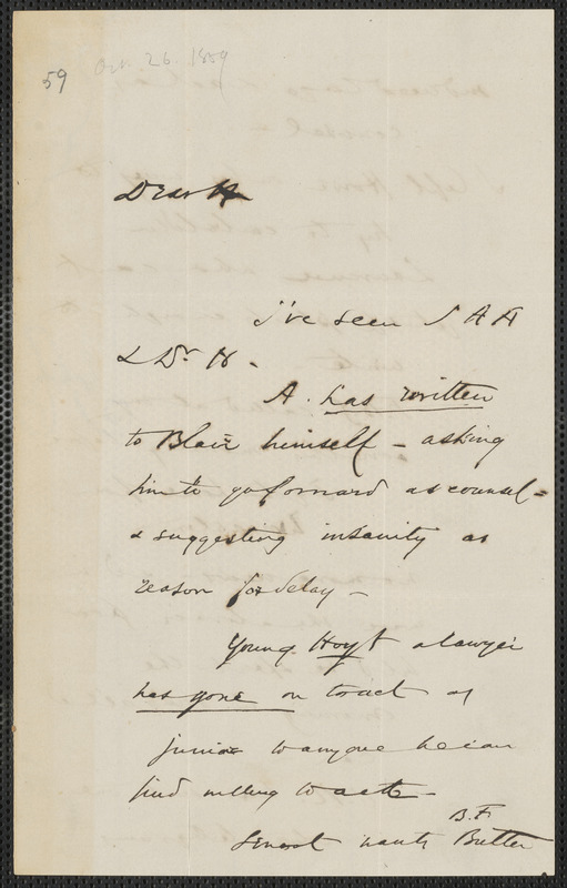Wendell Phillips autograph letter signed to Thomas Wentworth Higginson, [26 October 1859]