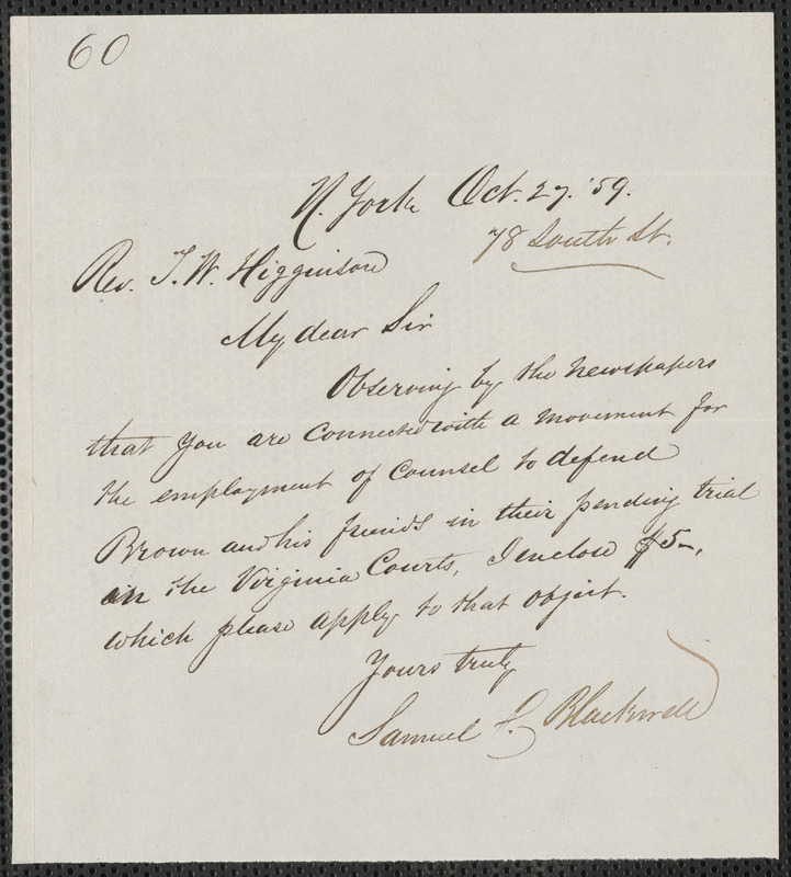 Samuel C. Blackwell autograph note signed to Thomas Wentworth Higginson, N. York, 27 October [18]59