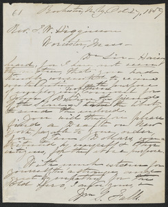 William S. Falls autograph letter signed to Thomas Wentworth Higginson, Rochester, N.Y., 27 October 1859
